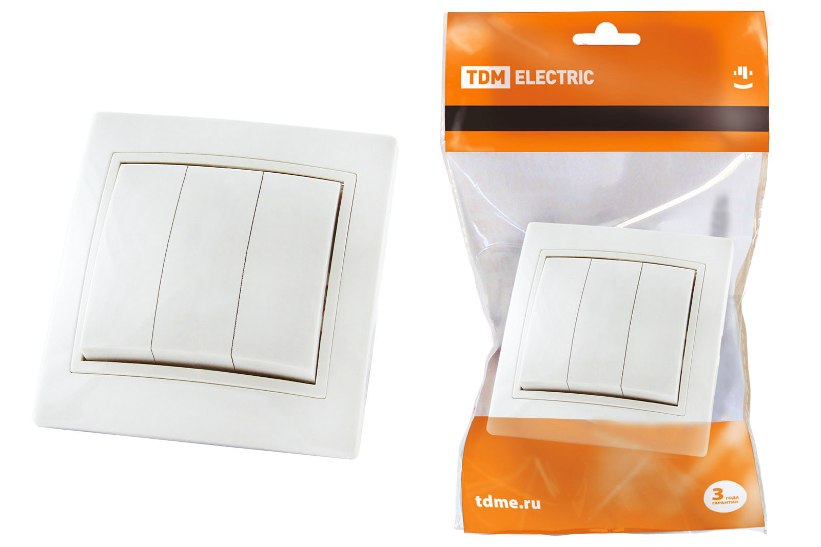 Выключатель трехклавишный TDM 10А белый "Таймыр"