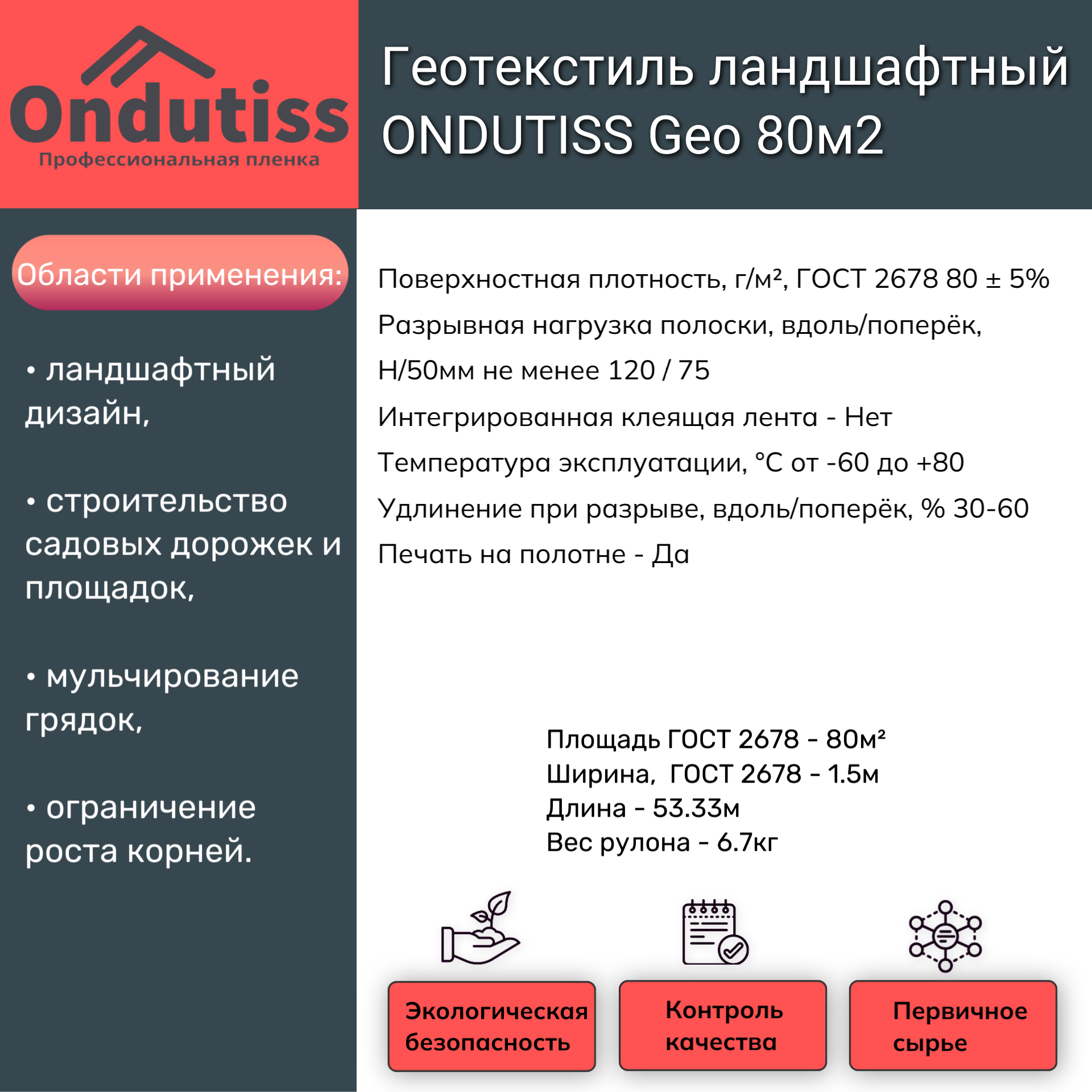 Геотекстиль ландшафтный ONDUTISS Geo 80м2 (Ондутис Гео) Ondutiss 52048_RUS1 - детальное фото